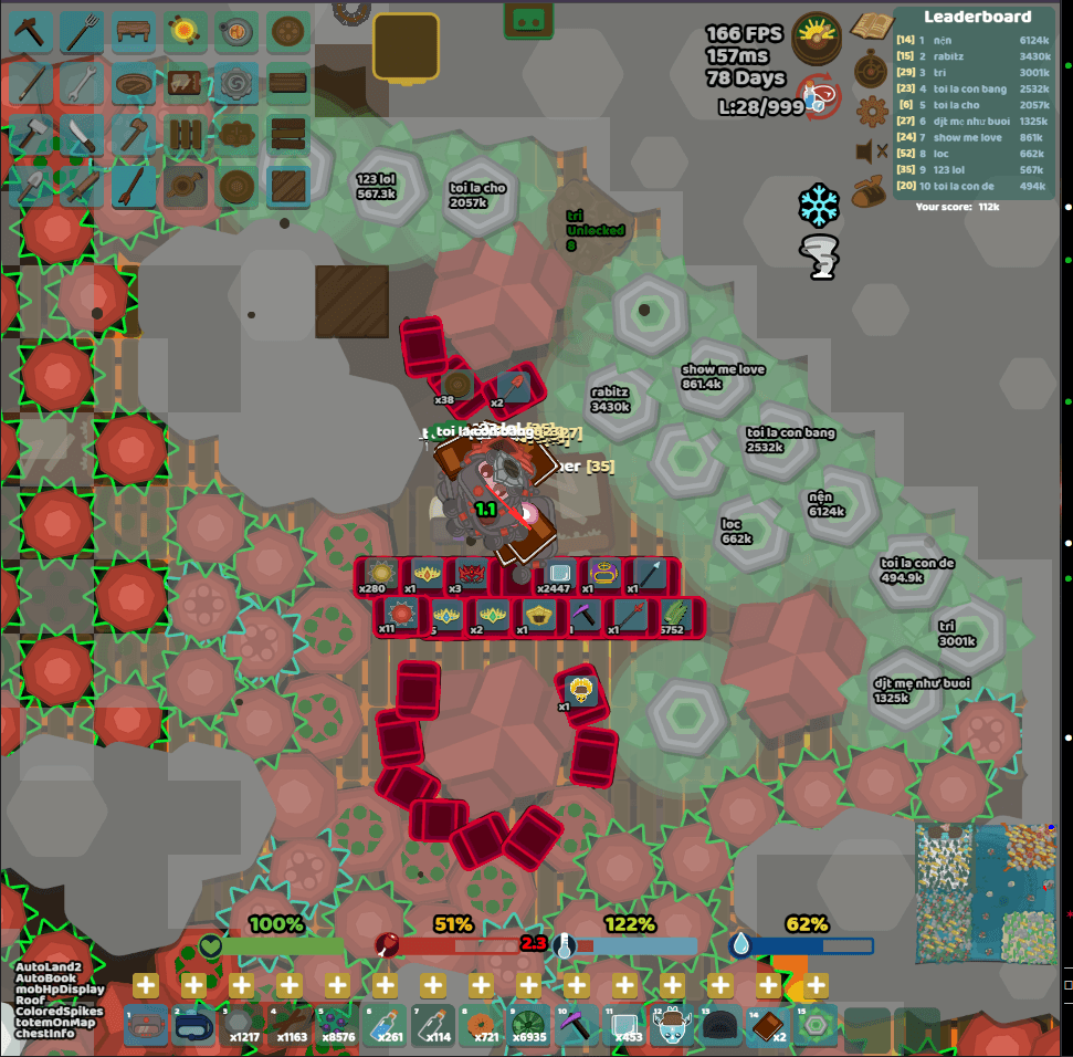 Gameplay with the loader's overlays active: coloured outlines around spikes, range circles, and lines tracking nearby players.