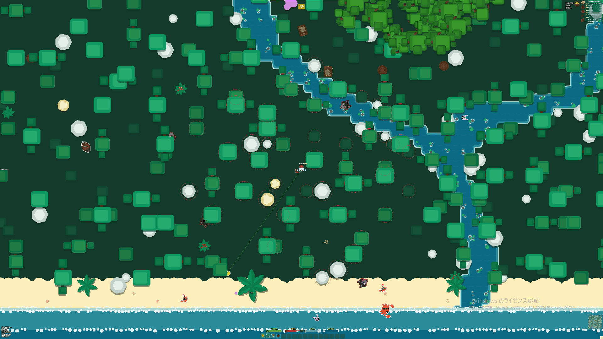 The same scene zoomed far out, showing a large area of the map with a river, forest and coastline, and other players visible at a distance.